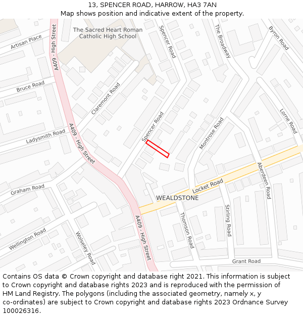 13, SPENCER ROAD, HARROW, HA3 7AN: Location map and indicative extent of plot
