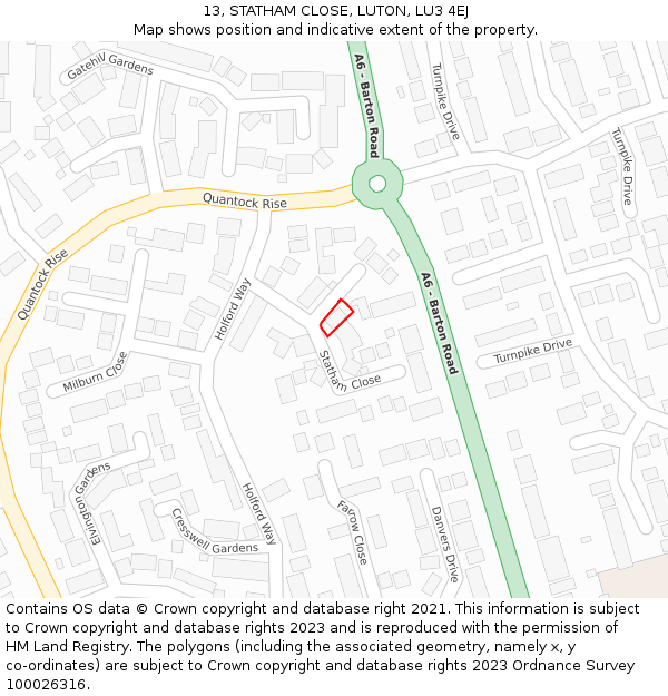 13, STATHAM CLOSE, LUTON, LU3 4EJ: Location map and indicative extent of plot