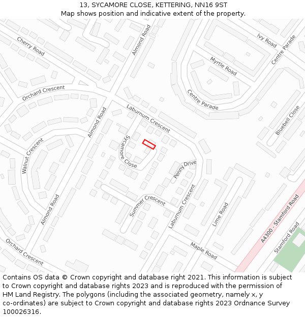 13, SYCAMORE CLOSE, KETTERING, NN16 9ST: Location map and indicative extent of plot
