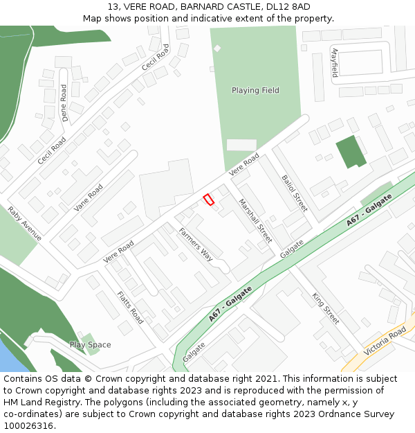 13, VERE ROAD, BARNARD CASTLE, DL12 8AD: Location map and indicative extent of plot