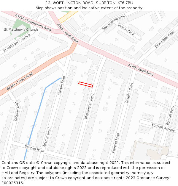 13, WORTHINGTON ROAD, SURBITON, KT6 7RU: Location map and indicative extent of plot