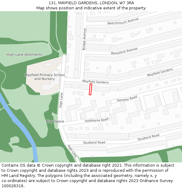131, MAYFIELD GARDENS, LONDON, W7 3RA: Location map and indicative extent of plot