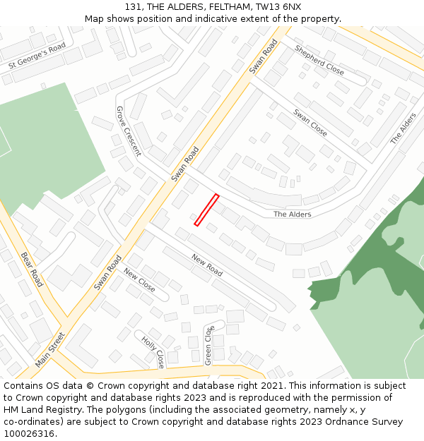 131, THE ALDERS, FELTHAM, TW13 6NX: Location map and indicative extent of plot