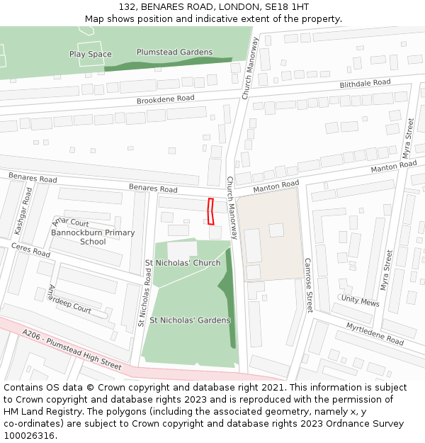 132, BENARES ROAD, LONDON, SE18 1HT: Location map and indicative extent of plot