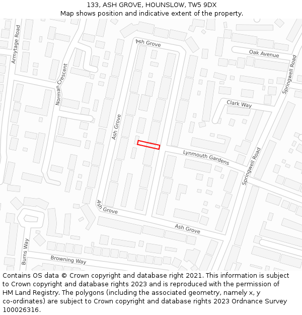 133, ASH GROVE, HOUNSLOW, TW5 9DX: Location map and indicative extent of plot
