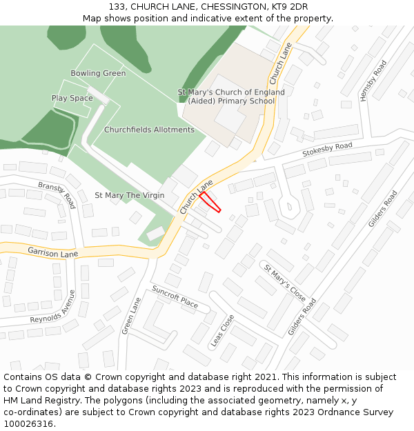 133, CHURCH LANE, CHESSINGTON, KT9 2DR: Location map and indicative extent of plot
