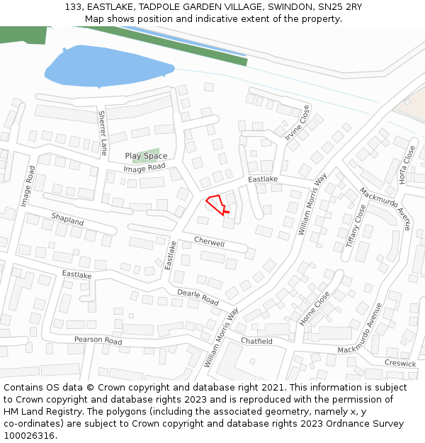 133, EASTLAKE, TADPOLE GARDEN VILLAGE, SWINDON, SN25 2RY: Location map and indicative extent of plot