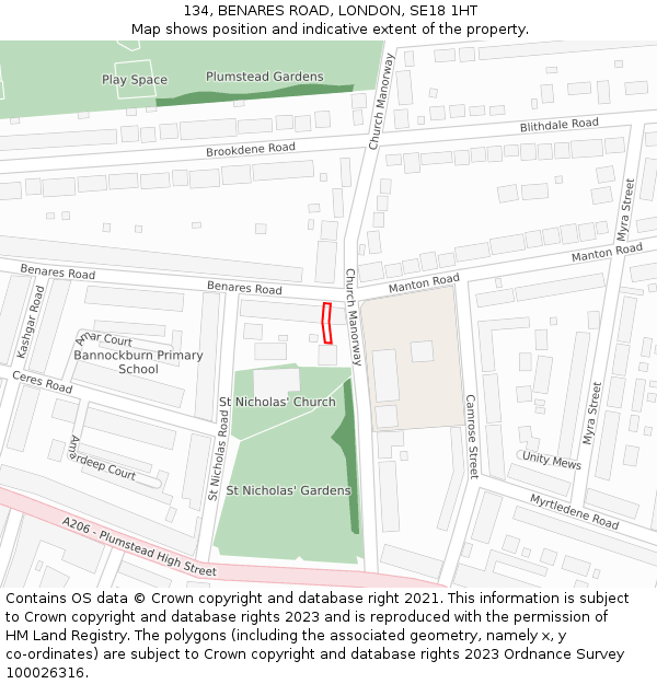 134, BENARES ROAD, LONDON, SE18 1HT: Location map and indicative extent of plot