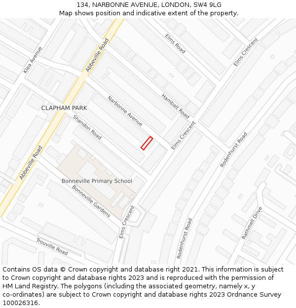 134, NARBONNE AVENUE, LONDON, SW4 9LG: Location map and indicative extent of plot