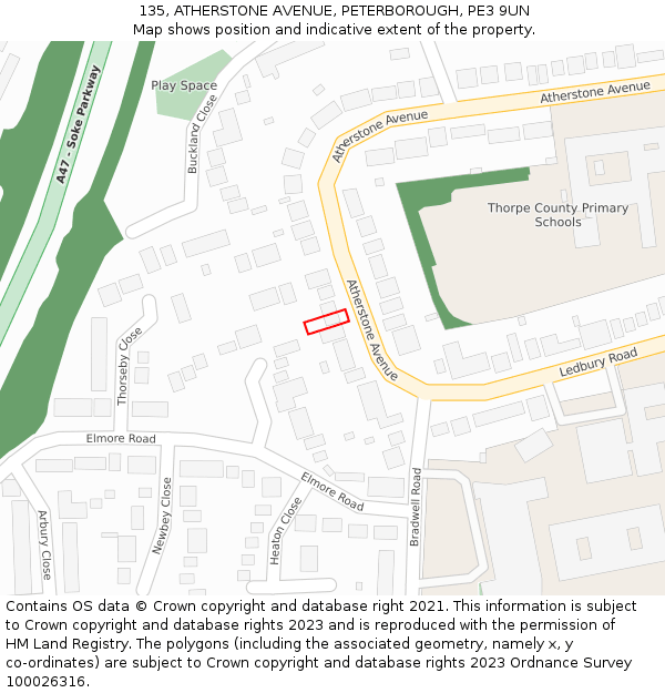 135, ATHERSTONE AVENUE, PETERBOROUGH, PE3 9UN: Location map and indicative extent of plot