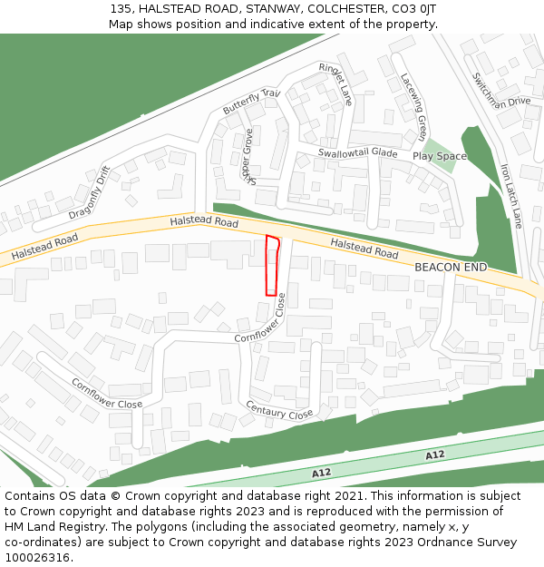 135, HALSTEAD ROAD, STANWAY, COLCHESTER, CO3 0JT: Location map and indicative extent of plot
