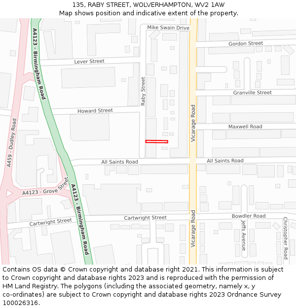 135, RABY STREET, WOLVERHAMPTON, WV2 1AW: Location map and indicative extent of plot
