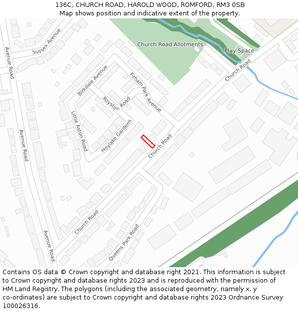 136C, CHURCH ROAD, HAROLD WOOD, ROMFORD, RM3 0SB: Location map and indicative extent of plot