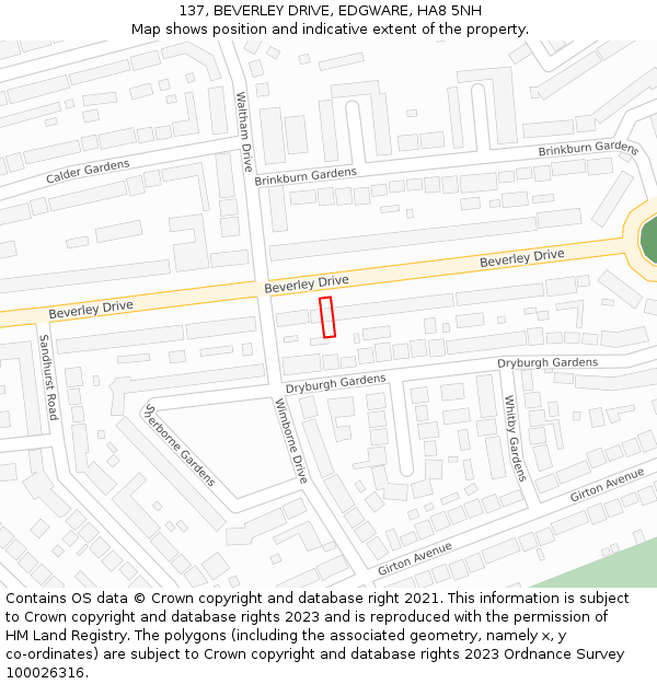 137, BEVERLEY DRIVE, EDGWARE, HA8 5NH: Location map and indicative extent of plot
