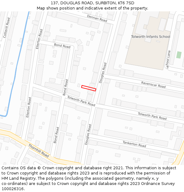 137, DOUGLAS ROAD, SURBITON, KT6 7SD: Location map and indicative extent of plot