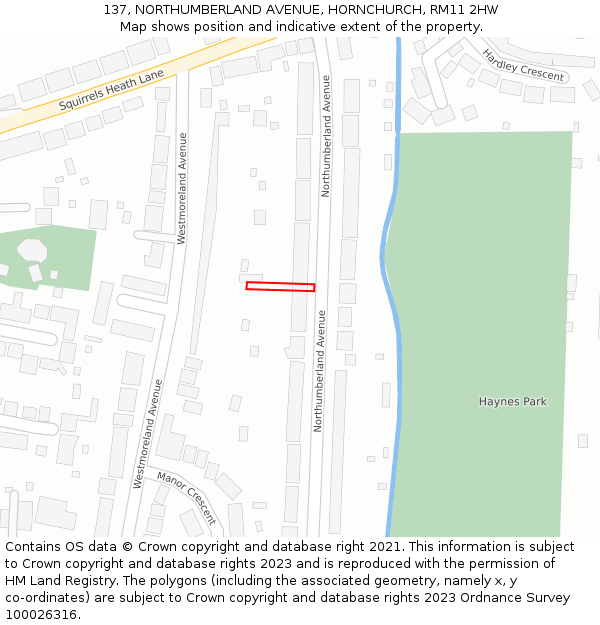 137, NORTHUMBERLAND AVENUE, HORNCHURCH, RM11 2HW: Location map and indicative extent of plot