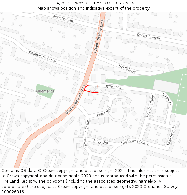14, APPLE WAY, CHELMSFORD, CM2 9HX: Location map and indicative extent of plot