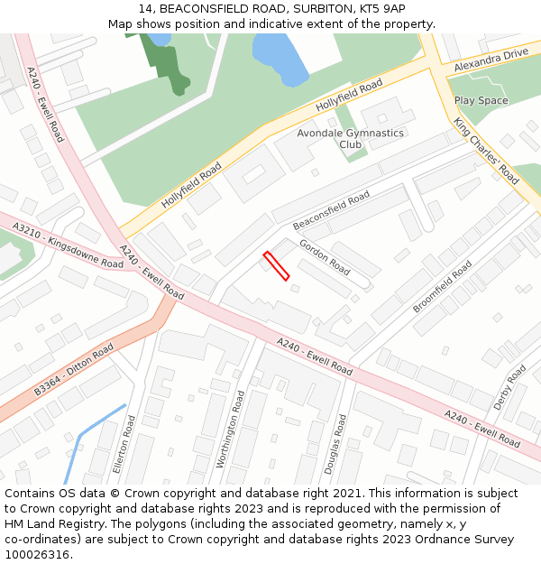 14, BEACONSFIELD ROAD, SURBITON, KT5 9AP: Location map and indicative extent of plot