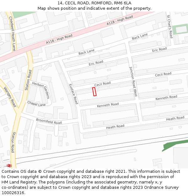 14, CECIL ROAD, ROMFORD, RM6 6LA: Location map and indicative extent of plot