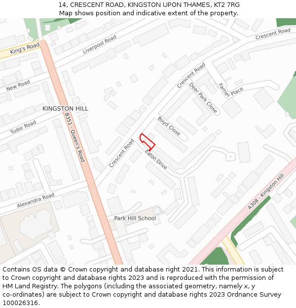14, CRESCENT ROAD, KINGSTON UPON THAMES, KT2 7RG: Location map and indicative extent of plot