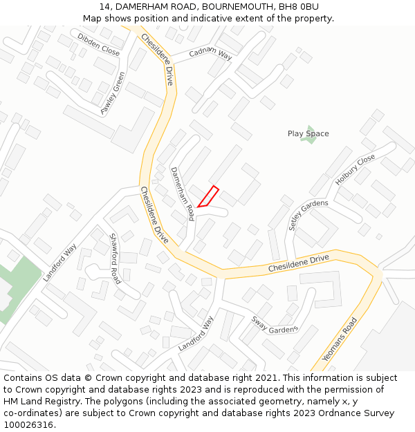 14, DAMERHAM ROAD, BOURNEMOUTH, BH8 0BU: Location map and indicative extent of plot