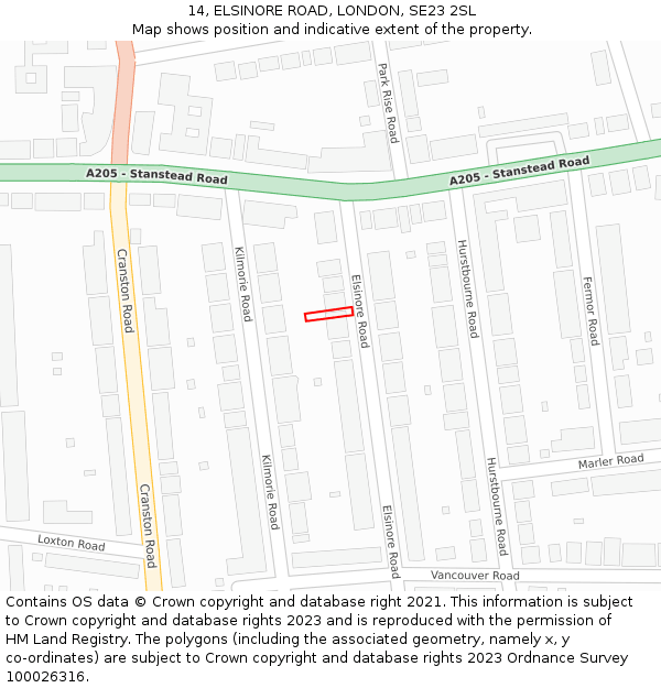 14, ELSINORE ROAD, LONDON, SE23 2SL: Location map and indicative extent of plot