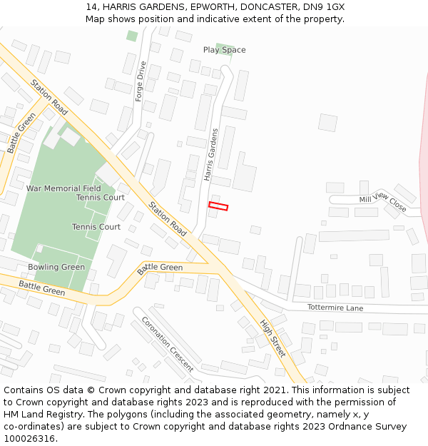 14, HARRIS GARDENS, EPWORTH, DONCASTER, DN9 1GX: Location map and indicative extent of plot