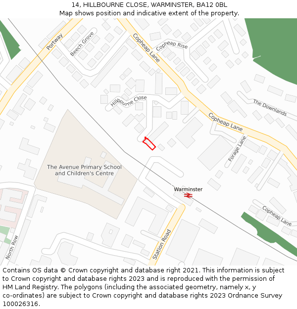 14, HILLBOURNE CLOSE, WARMINSTER, BA12 0BL: Location map and indicative extent of plot