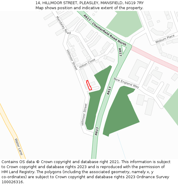14, HILLMOOR STREET, PLEASLEY, MANSFIELD, NG19 7RY: Location map and indicative extent of plot