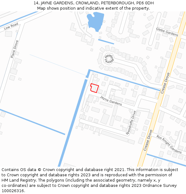14, JAYNE GARDENS, CROWLAND, PETERBOROUGH, PE6 0DH: Location map and indicative extent of plot