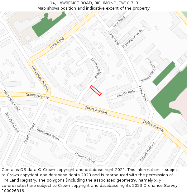 14, LAWRENCE ROAD, RICHMOND, TW10 7LR: Location map and indicative extent of plot