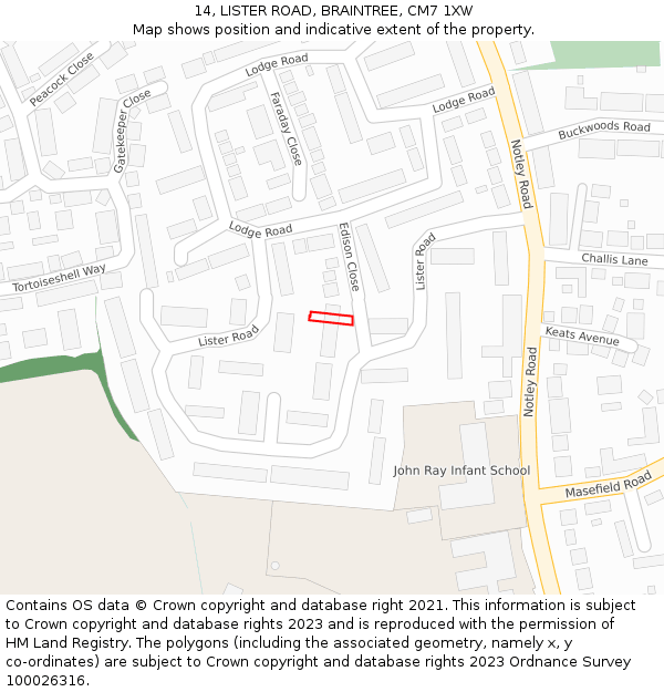 14, LISTER ROAD, BRAINTREE, CM7 1XW: Location map and indicative extent of plot