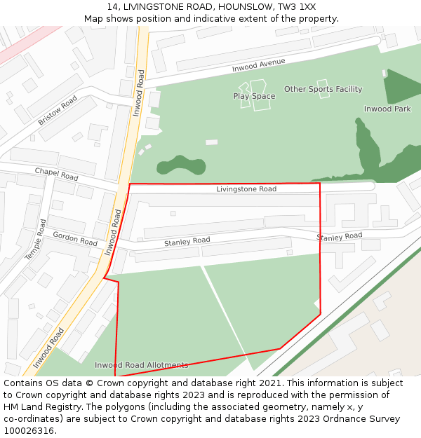 14, LIVINGSTONE ROAD, HOUNSLOW, TW3 1XX: Location map and indicative extent of plot