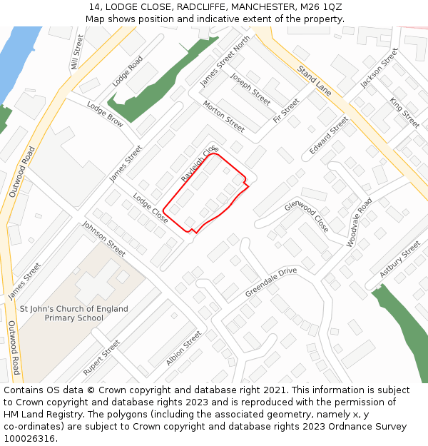 14, LODGE CLOSE, RADCLIFFE, MANCHESTER, M26 1QZ: Location map and indicative extent of plot