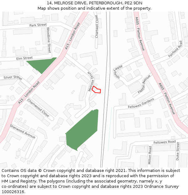 14, MELROSE DRIVE, PETERBOROUGH, PE2 9DN: Location map and indicative extent of plot