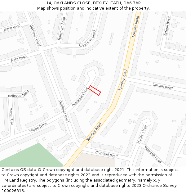 14, OAKLANDS CLOSE, BEXLEYHEATH, DA6 7AP: Location map and indicative extent of plot