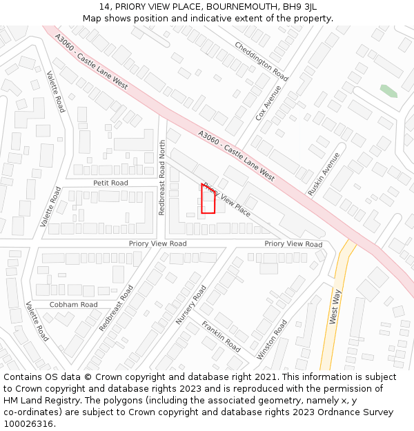14, PRIORY VIEW PLACE, BOURNEMOUTH, BH9 3JL: Location map and indicative extent of plot