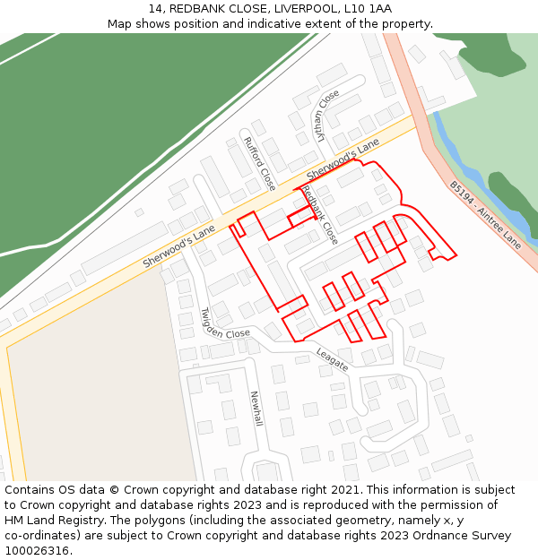 14, REDBANK CLOSE, LIVERPOOL, L10 1AA: Location map and indicative extent of plot