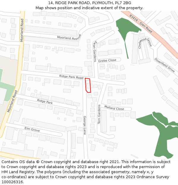 14, RIDGE PARK ROAD, PLYMOUTH, PL7 2BG: Location map and indicative extent of plot
