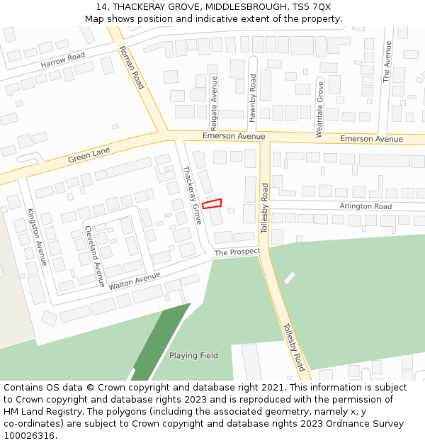 14, THACKERAY GROVE, MIDDLESBROUGH, TS5 7QX: Location map and indicative extent of plot