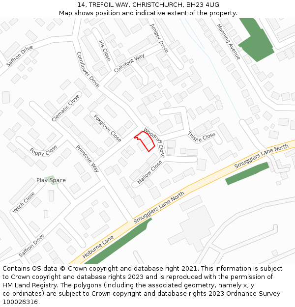 14, TREFOIL WAY, CHRISTCHURCH, BH23 4UG: Location map and indicative extent of plot