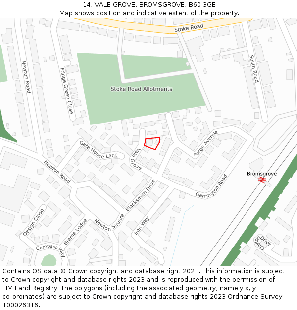 14, VALE GROVE, BROMSGROVE, B60 3GE: Location map and indicative extent of plot