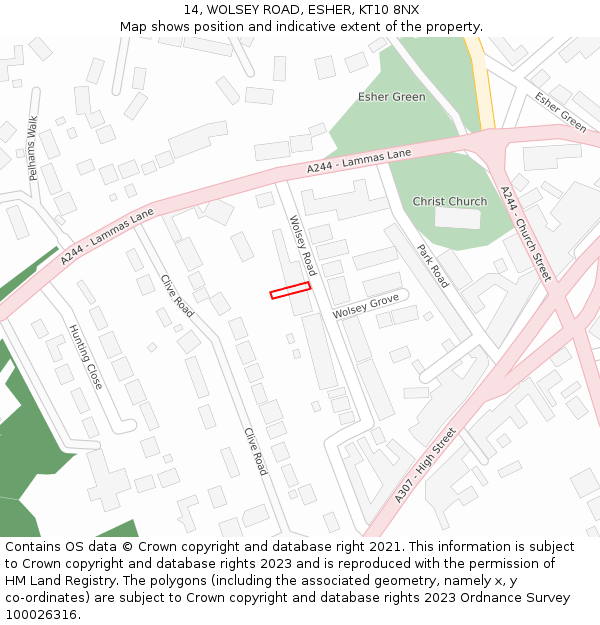 14, WOLSEY ROAD, ESHER, KT10 8NX: Location map and indicative extent of plot