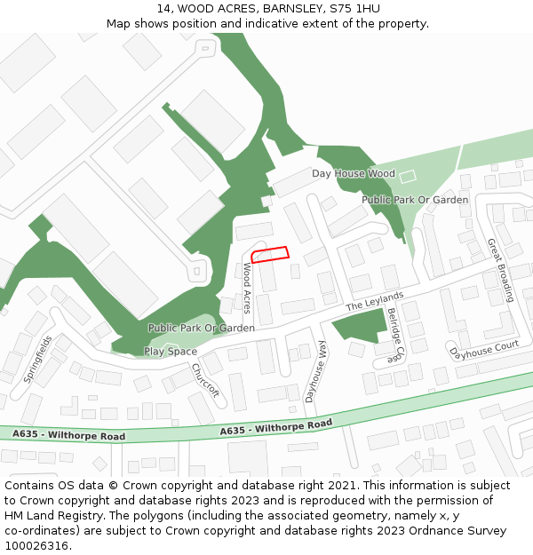14, WOOD ACRES, BARNSLEY, S75 1HU: Location map and indicative extent of plot