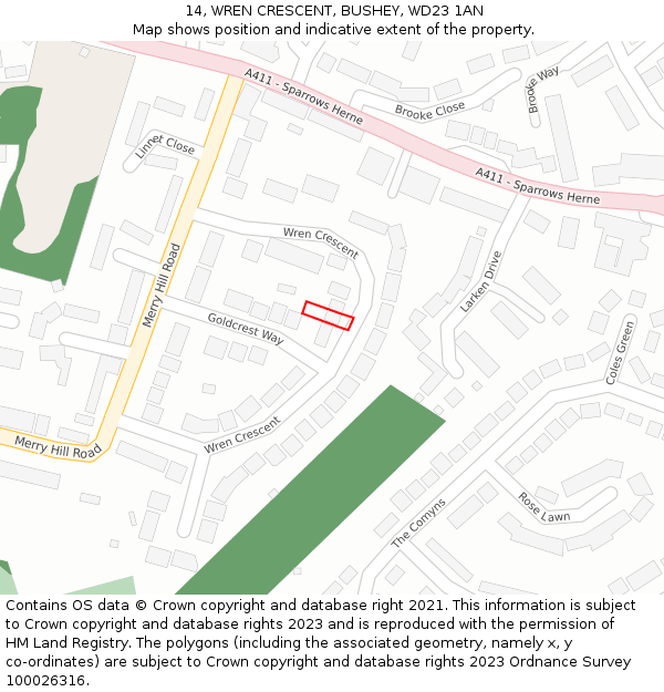 14, WREN CRESCENT, BUSHEY, WD23 1AN: Location map and indicative extent of plot