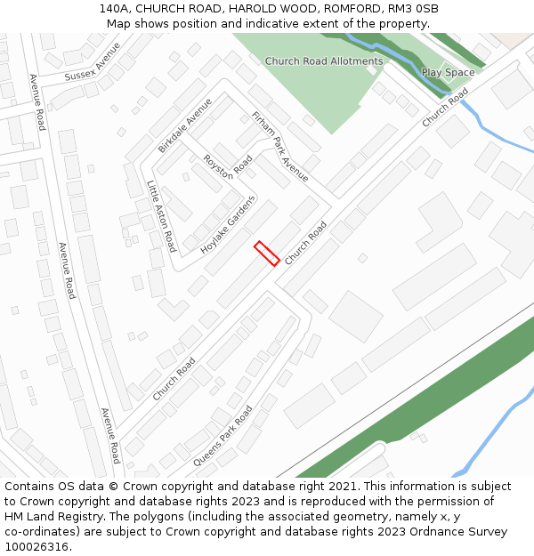 140A, CHURCH ROAD, HAROLD WOOD, ROMFORD, RM3 0SB: Location map and indicative extent of plot