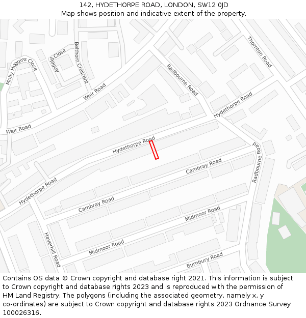142, HYDETHORPE ROAD, LONDON, SW12 0JD: Location map and indicative extent of plot
