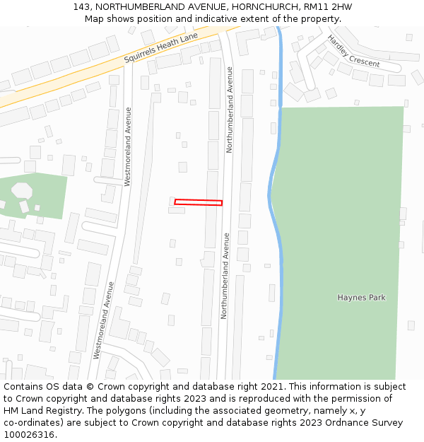 143, NORTHUMBERLAND AVENUE, HORNCHURCH, RM11 2HW: Location map and indicative extent of plot