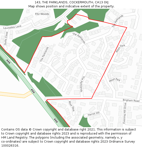143, THE PARKLANDS, COCKERMOUTH, CA13 0XJ: Location map and indicative extent of plot