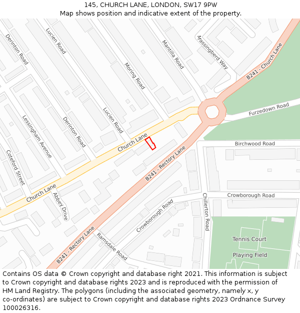 145, CHURCH LANE, LONDON, SW17 9PW: Location map and indicative extent of plot